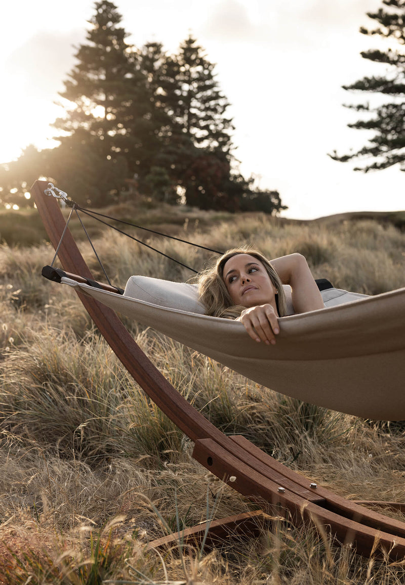 Isla Double Hammock with Stand in Sunbrella Source