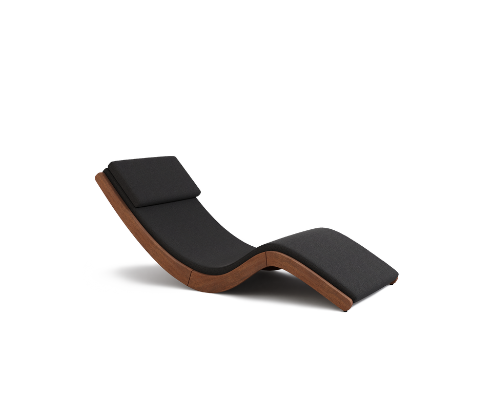 A black lounge chair with a wooden frame and headrest.